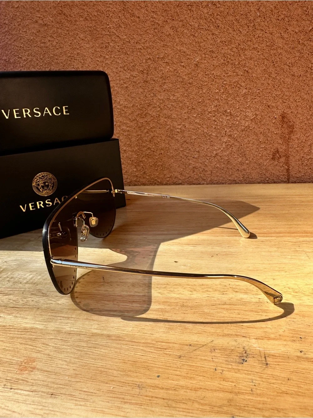 Versace Medusa Crystal Studded Shield Sunglasses Gold w/Brown Lens VE2230B